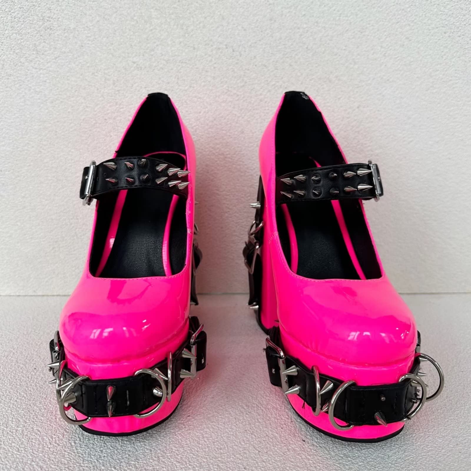 Frankie Hsu Women's Gothic Large Size Black Patent Leather Buckle Belt Ring Rivet Shinny Sexy Platform Chunky High Heels Ankle Strap Heeled Bootie Shoes: 13 Neon Pink