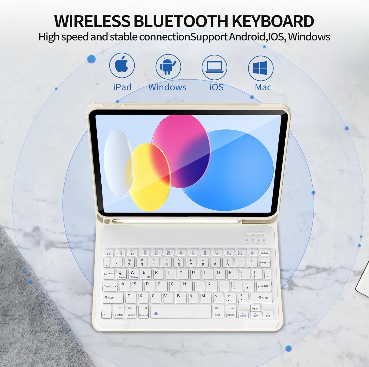 kenke Keyboard Case for iPad 10th Generation (10.9 Inch 2022) / iPad A16 11th Generation (11 inch 2025) with Pencil Holder, Stand Folio Detachable Wireless Bluetooth Keyboard Cover, Cream White