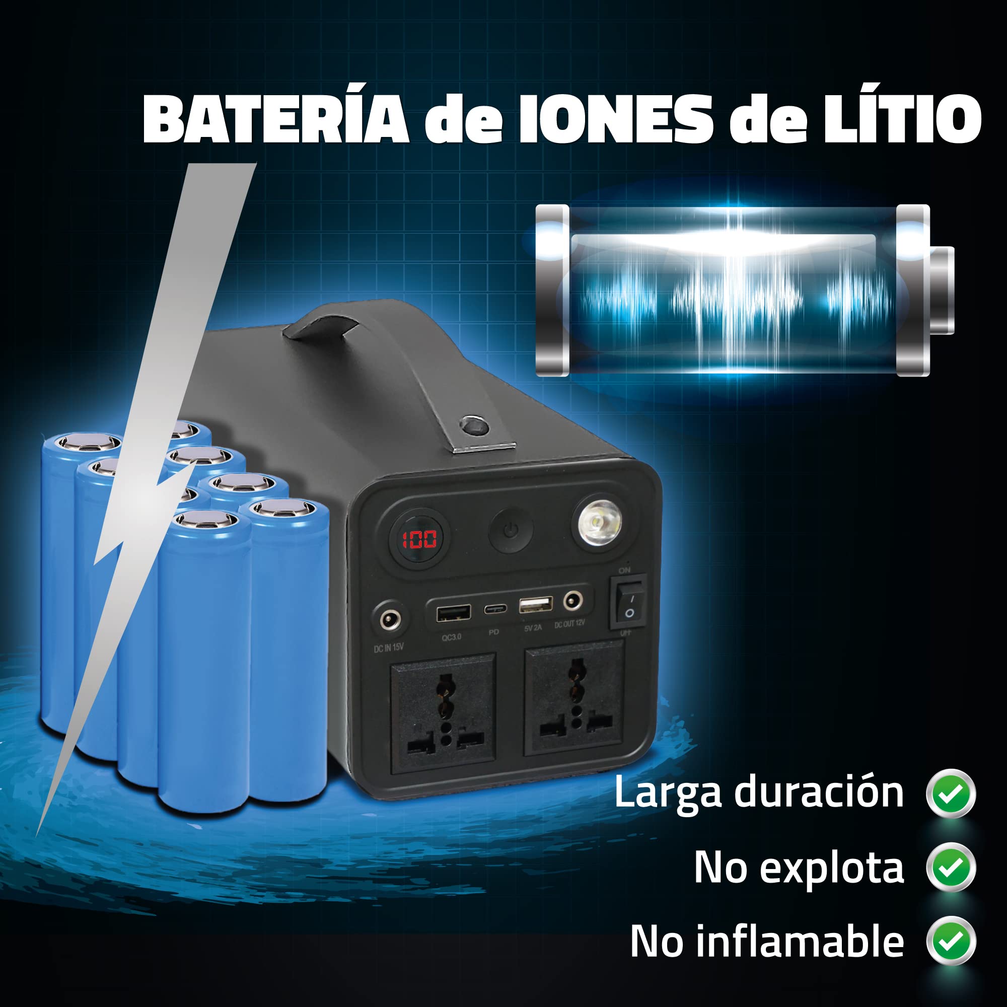 Generador Solar Portátil, AC/DC/USB, Batería de Litio, Larga duración, Cargador, Acumulador, Almacenamiento Suministro de Energía para Emergencia, Viaje, Estación de energía (298Wh)