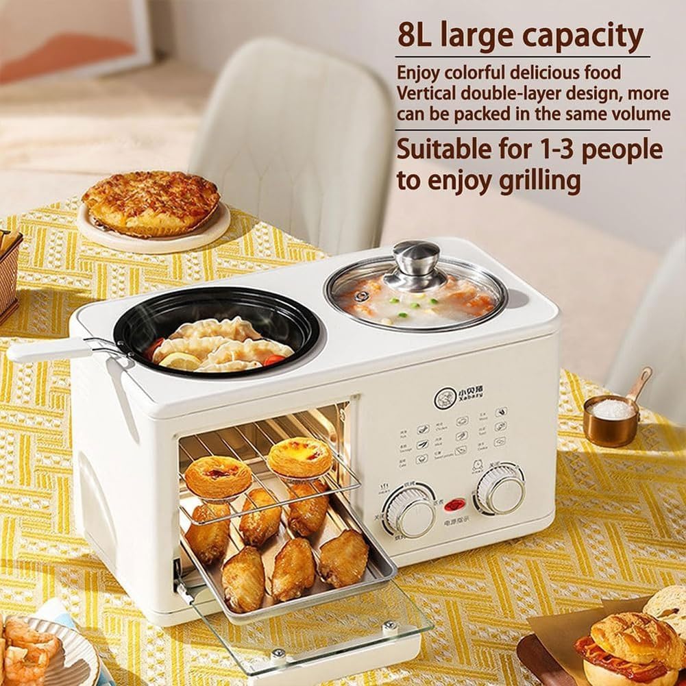 Electric Breakfast Machine,4-in-1 Breakfast Maker Station with 8L Oven, Frying Pan and Steamer, 0-60Min Timer Knob, S-Type Double Heating Tube, 1200W Breakfast Egg Sandwich Maker for Home