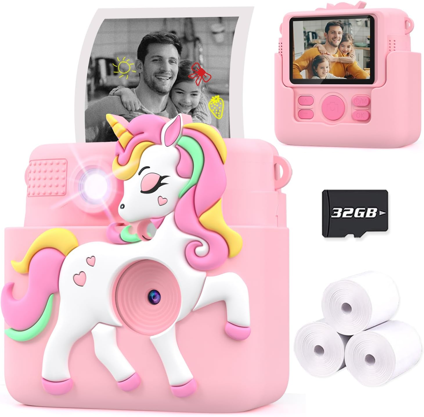 Kids Instant Camera Lilac and Pink, Extra 6 Rolls Thermal Photo Paper