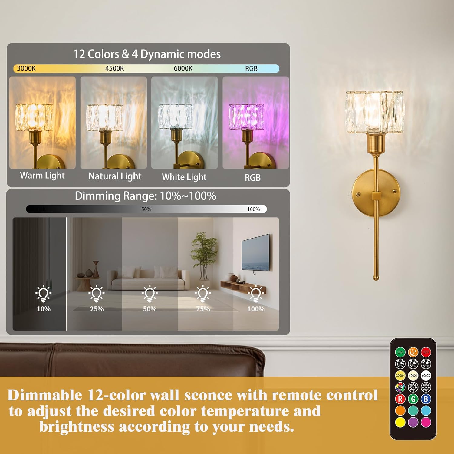 Crystal Battery Operated Wall Sconces Set Of Two, Gold Wireless Wall Light with USB Rechargeable LED Light Bulbs 12 Colors Dimmable Crystal Wall Lamp with Remote for Living Room, Bedroom, Hallway