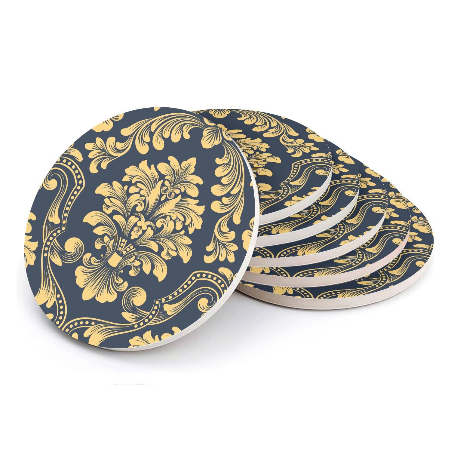 Sous verre ronds céramique damas élégant bleu chic tapisserie