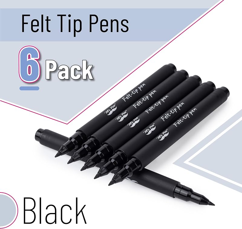 Mr. Pen- Black Felt Tip Pens, Fine Point, 6 Pack, Fast Drying, No Smear | Bible Journaling Pens No Bleed-Through for Planners, Sketching, Writing