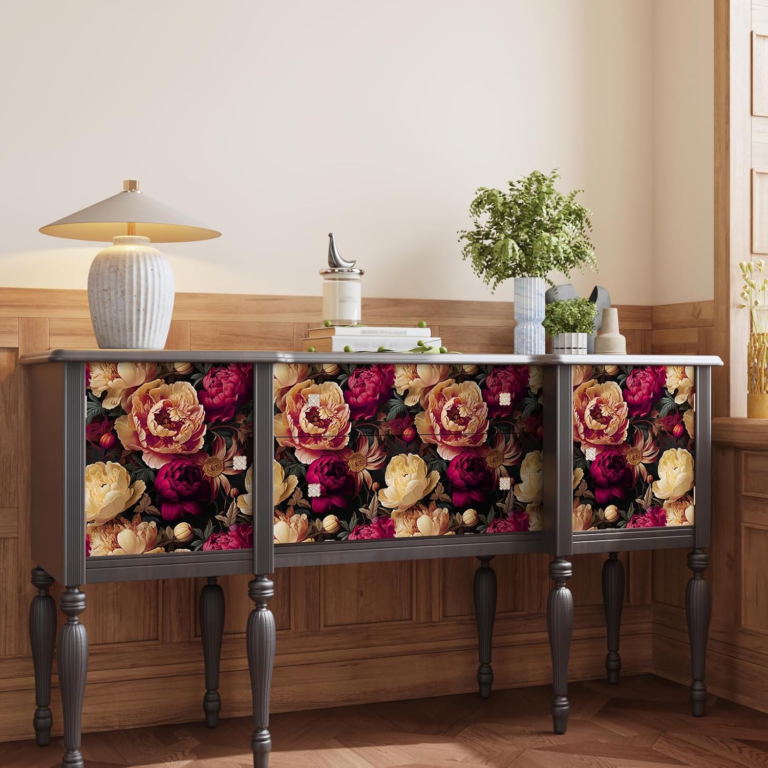 CRE8TIVE Vintage Peonies Floral Wallpaper Stick and Peel Dark Flower Wallpaper for Bedroom Girls Room 12"x118" Removable Stick on Wall Paper Mural Self Adhesive Floral Contact Paper for Cabinets Walls
