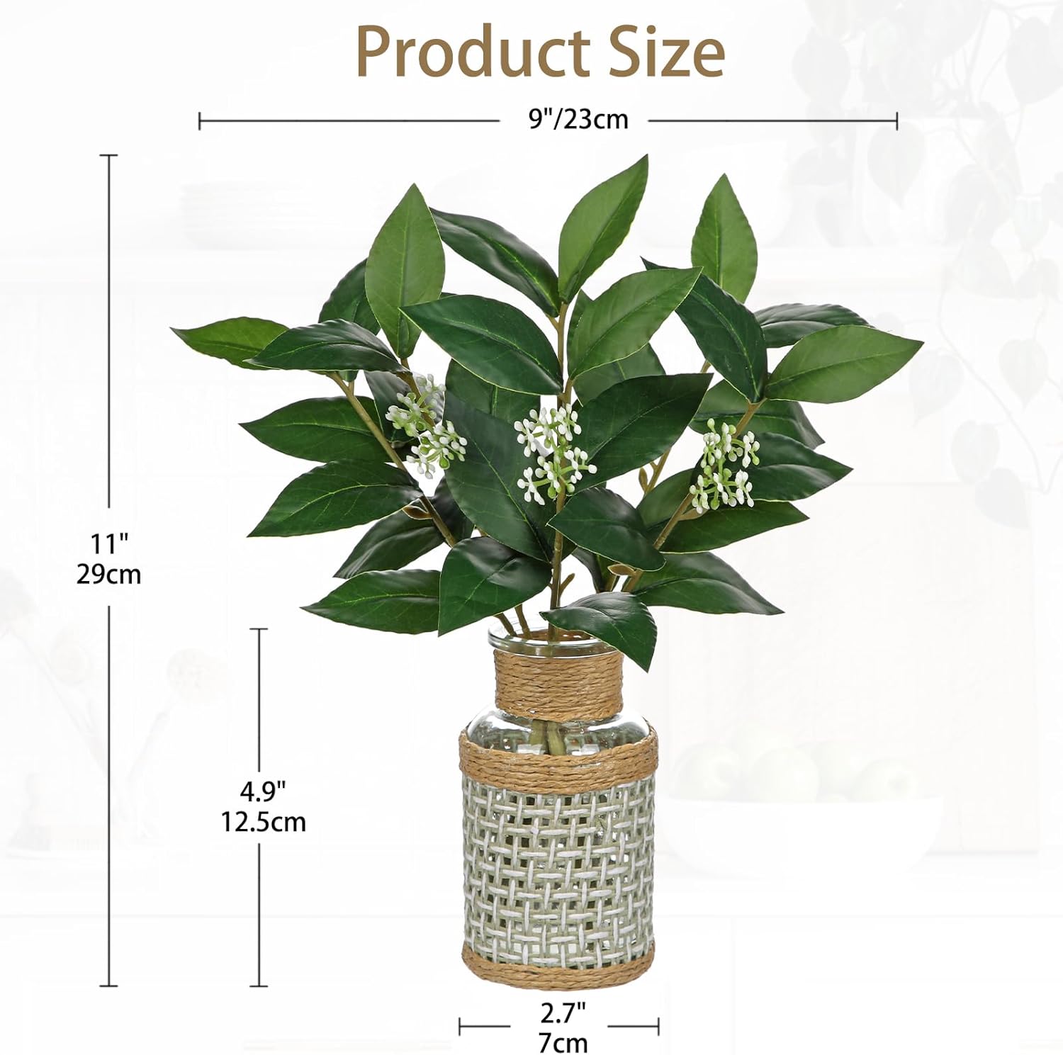 DILATATA 2Pcs Artificial Laurel Stems in Glass Vase with Faux Water and Woven Basket 11" Fake Greenery Plant Bay Leaves for Home Office Farmhouse Bathroom Bedroom Kitchen Table Centerpiece Decor