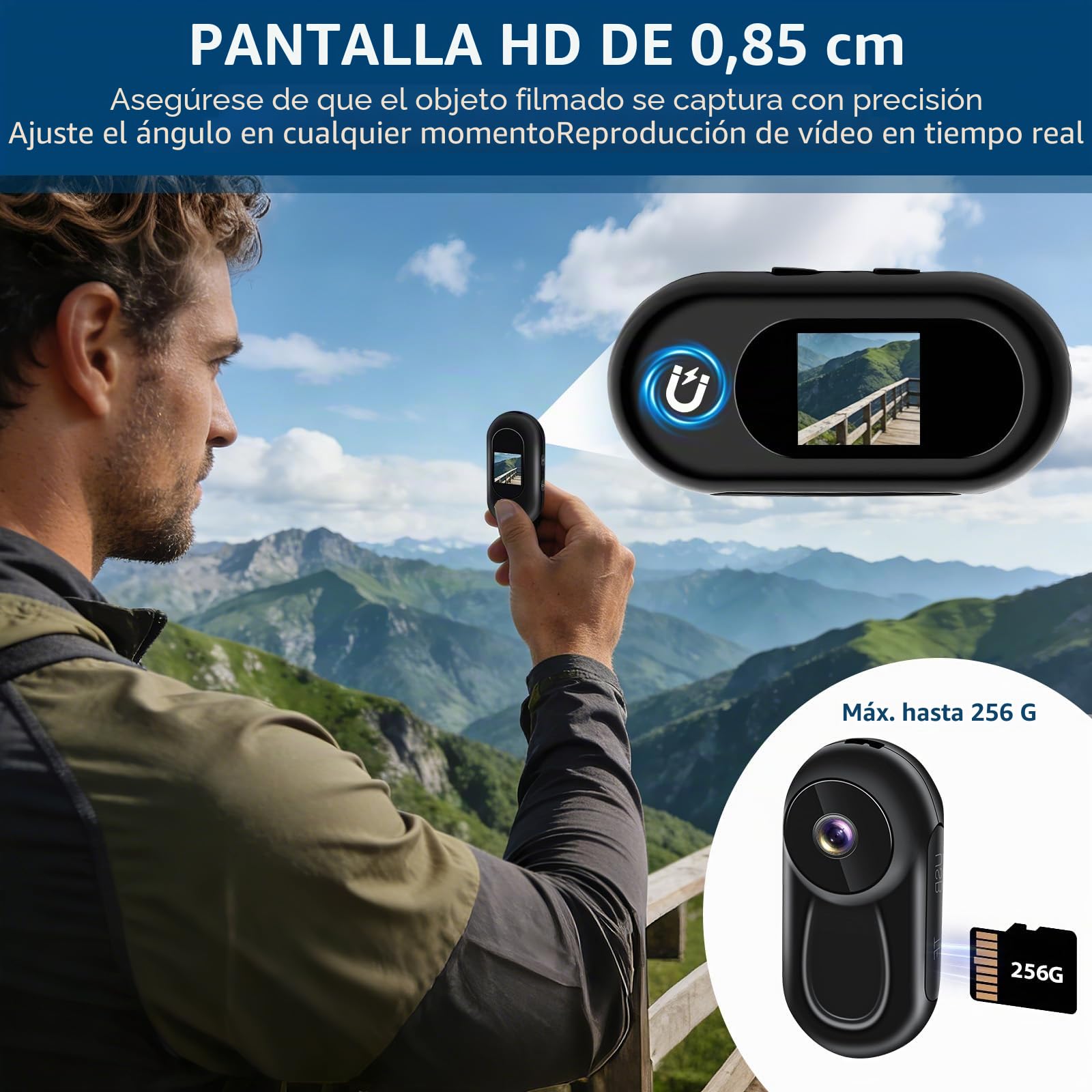 Cámara de Acción, 1080P HD & Clip Giratorio de 360° Camara Deportiva, Mini Cámara de Cuerpocon Imán mit 0,85 pollici Pantalla, Cámara para Casco/Moto Deportivo con Visión Nocturna