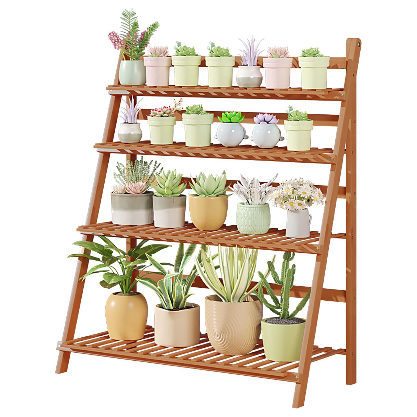 YUANCHUTOP Outdoor Foldable Bamboo Plant Stand - Space-Saving Flower Ladder for Multiple Pots, Ideal for Patios & Lawns, Sturdy Brown Design, 70x44x121cm