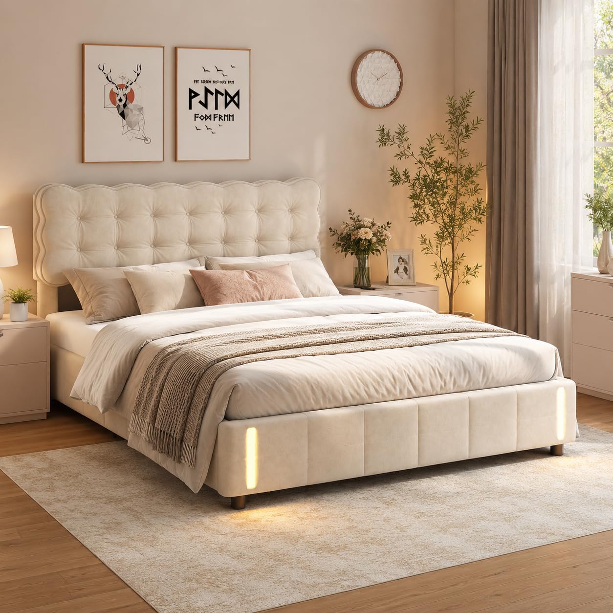 LONELYO Lit Coffre 160x200 avec LED RGB 7 Couleurs & Système Hydraulique – Velours Beige Clair Capitonné, Rangement Spacieux & Sommier à Lattes – Design Moderne