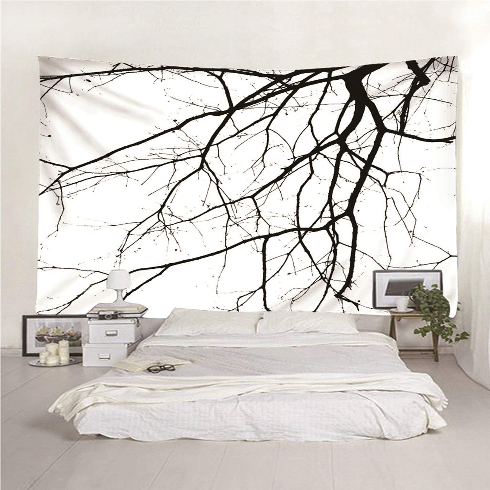 Tapiz 3D Tela Suelo De Habitación Patrón Ramas Tema Minimalismo Blanco Negro Hippie Infantil para Decoración Sala Estar del Dormitorio 260X240Cm