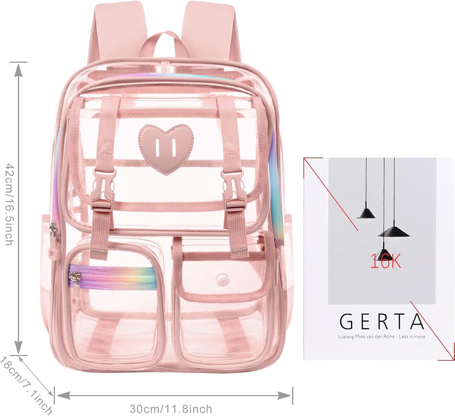 Clear Backpack for Girls Women Heavy Duty Transparent Bookbag School Backpack with Mesh Pockets Stadium Approved See Through Backpack (Pink) - Image 5