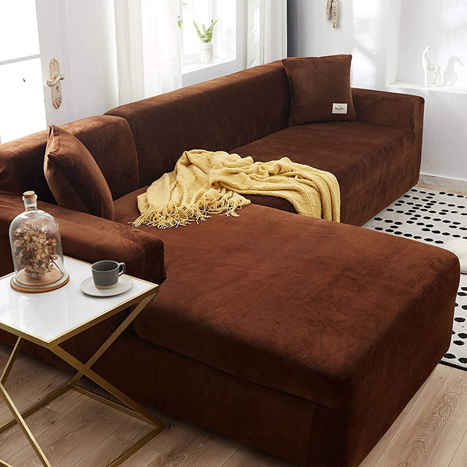 MGEMJMJ Pure Color Elasticity Sofa Cover Velvet Covers,Sofa Cover,Sofa Protector With Elastic Bottom Strap(Size:3 Seater(190-230cm),Color:Coffee)