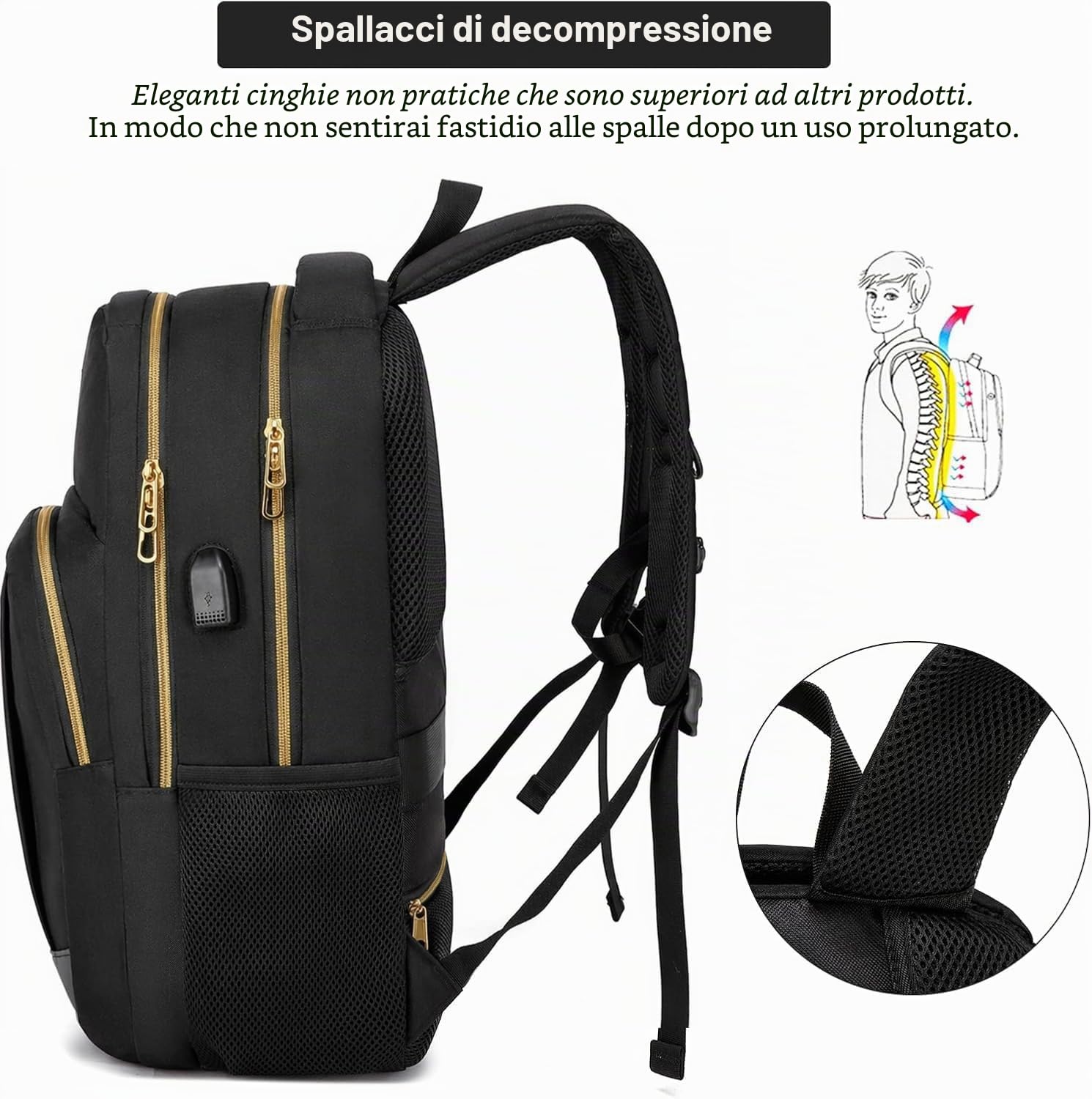 Zaino da scuola per laptop da 15,6", impermeabile, con porta di ricarica USB, oro nero, 15,6 zoll