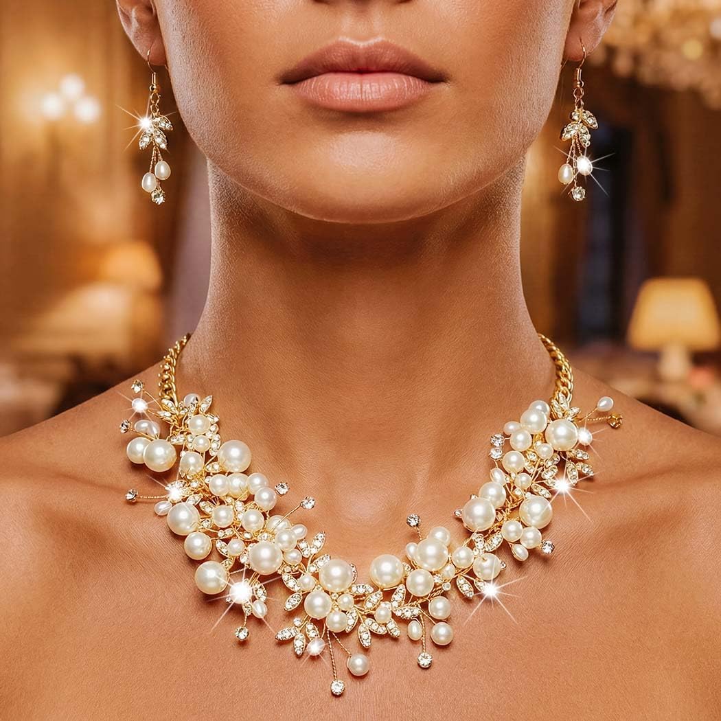 JAKAWIN Pearl Wedding Necklace and Earring Set Bridal Jewelry Set Gold Rhinestone Formal Necklaces for Brides and Bridesmaids - Image 2