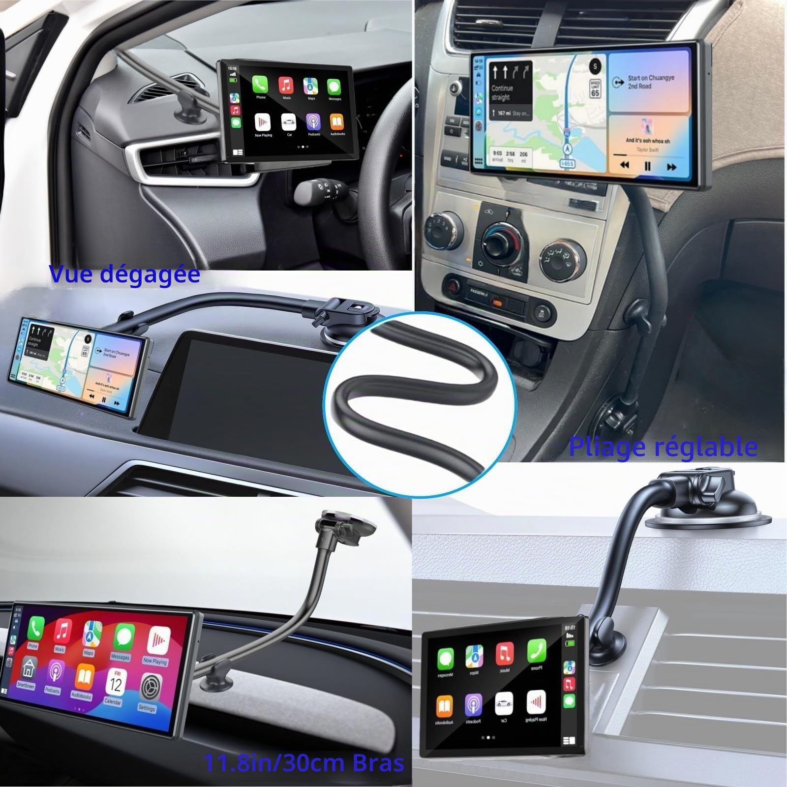 Support à Ventouse pour Écran Carplay avec 11,8" Bras Long de Bras en Alliage d'aluminium Réglable à 360°, Support Solide pour Pare Brise et Tableau de Bord avec 78mm Disque Adhésif Puissant
