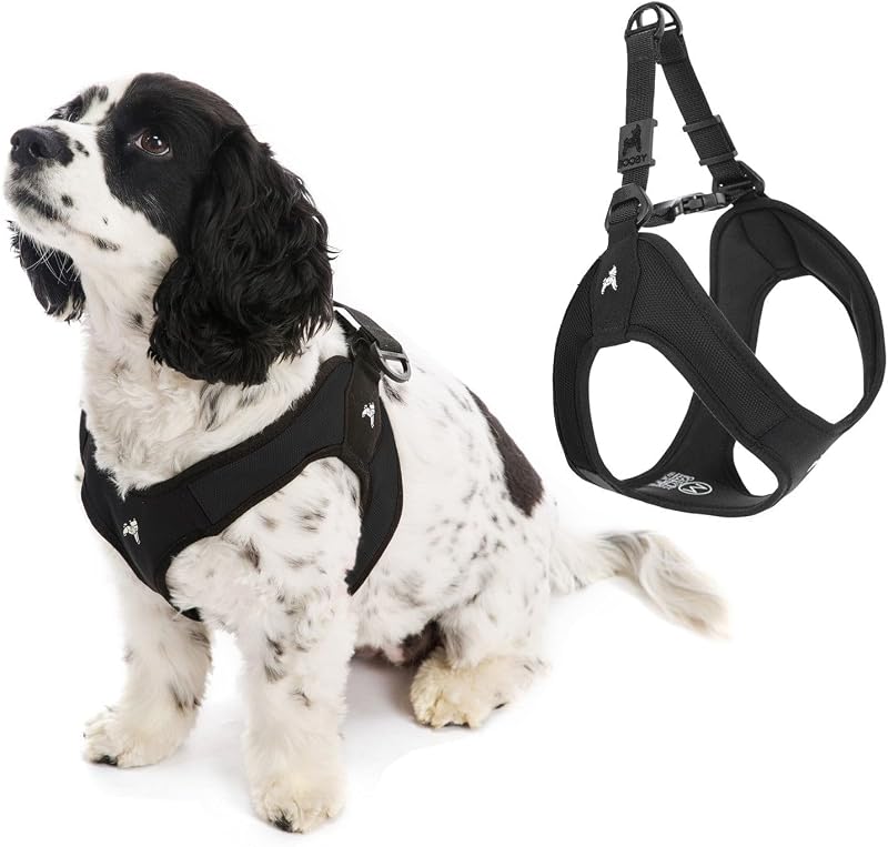 Gooby Escape Free Easy Fit Dog Harness, Step-in, Black, Large | Patented escape-free frame; Contracts if they back out; Step-in easy on/off; Machine washable; Light POM leash ring
