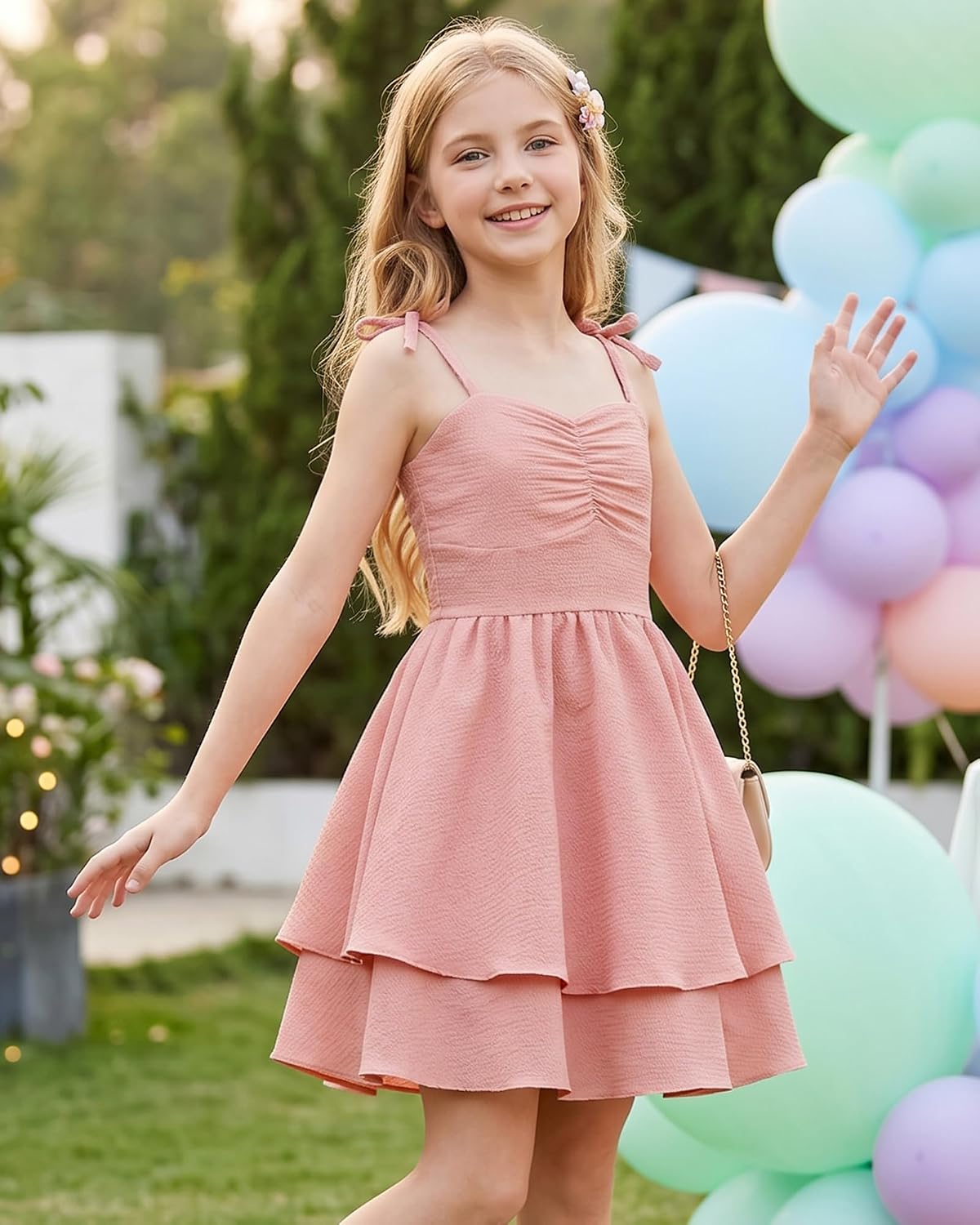YALLET Girls Dresses Ruched Front Smocked Back Tween Dress Spaghetti Straps Girl Dress Summer Casual Flowy Tiered Sundress