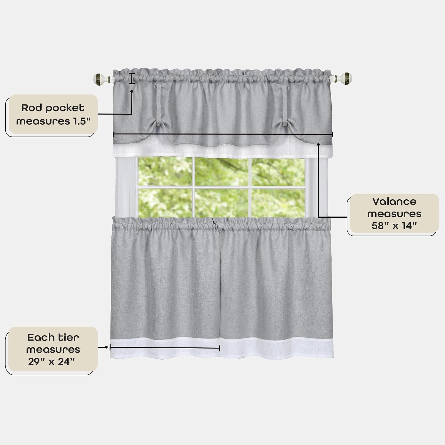 ACHIM Darcy (Grey/White) Tier and Valance Window Curtain Set - 58 Inch Width, 24 Inch Length - Light Filtering Drapes for Kitchen, Bedroom, Living & Dining Room Home Decor