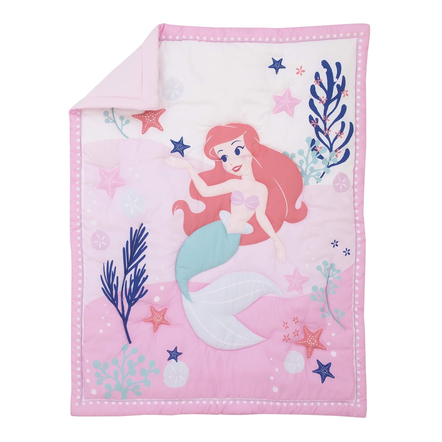 NoJo Disney The Little Mermaid Pink, Aqua, and Coral Ariel Cute by Nature 4 Piece Nursery Crib Bedding Set - Comforter, Fitted Crib Sheet, Changing Pad Cover, and Crib Skirt
