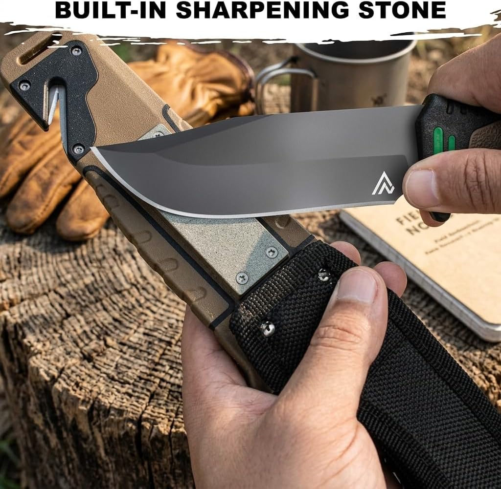 Naifu Bushcraft 6-in-1 Survival Knife — Full Tang Fixed Blade Hunting Knife with Sheath, Drop Point Blade, Built-in Sharpening Stone, Ferro Rod Fire Starter, Whistle, Glass Breaker & Paracord — Camping, Bushcraft, EDC Gear