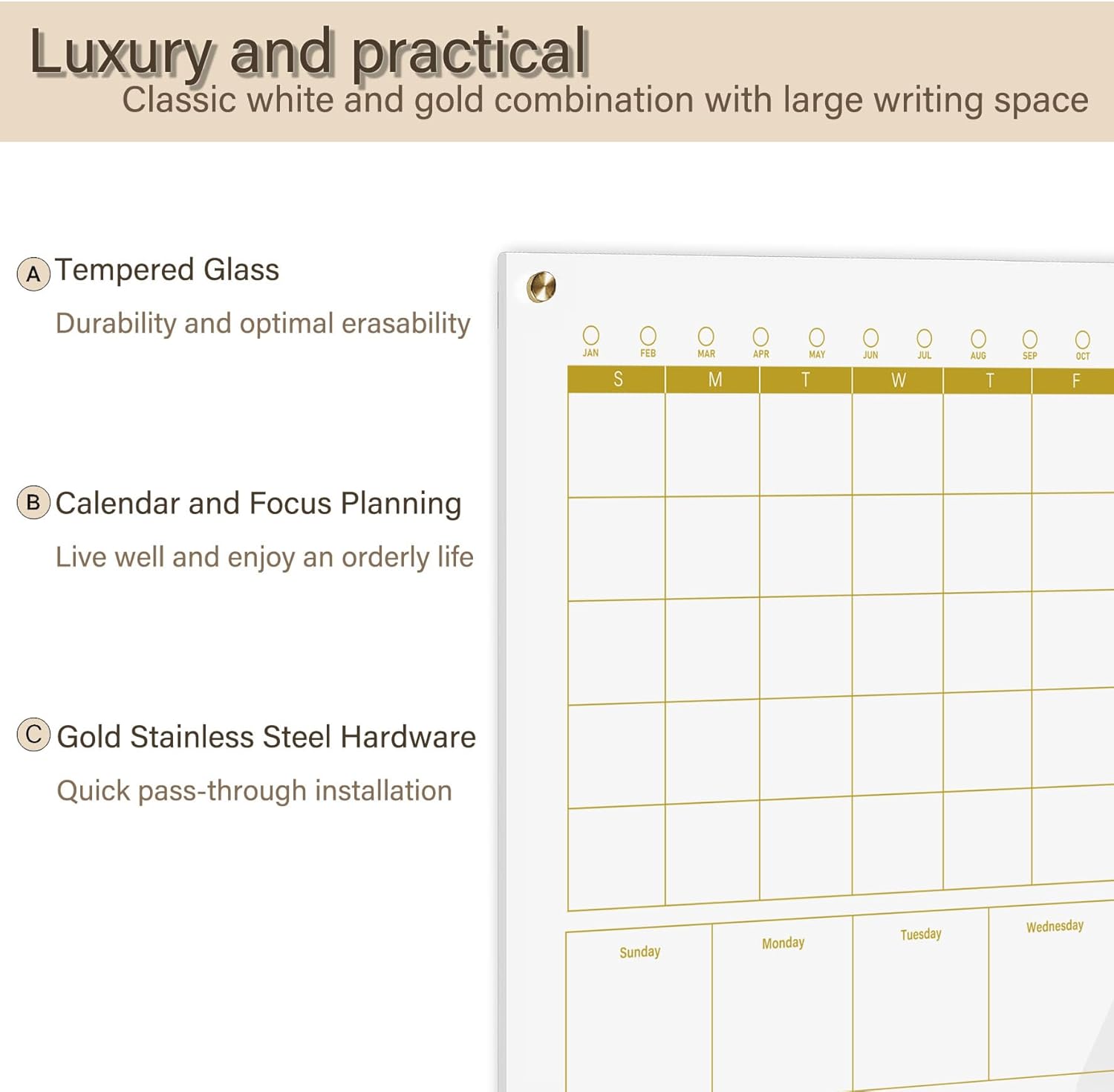 Glass 3-1 Golden Monthly Dry Erase Calendar Whiteboard for Wall,24"x 36",Frameless Mounting,Office/School/Home, Frameless Large Planner White Board