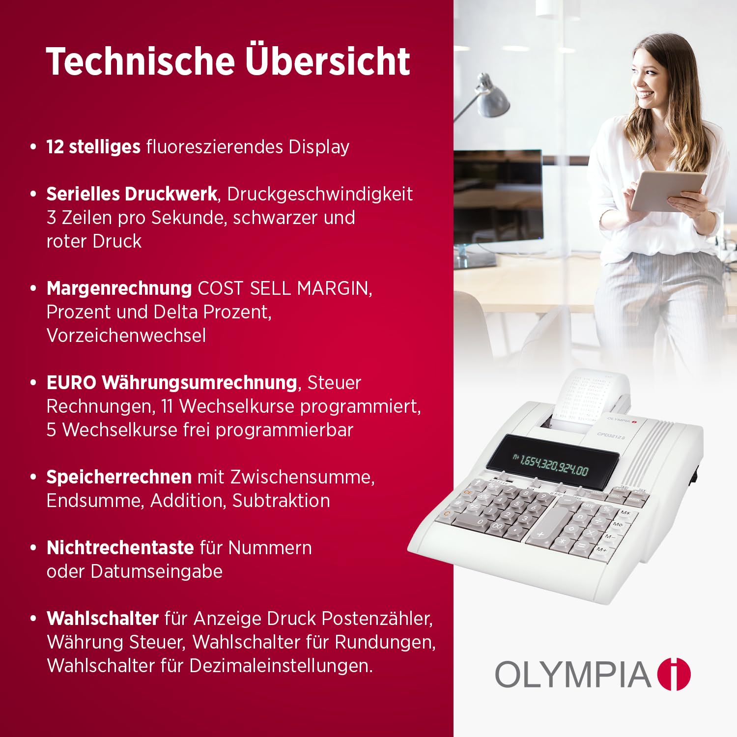 OLYMPIA CPD 3212 S Tischrechner mit Druckwerk 12-stellig Papierrolle 3 Zeilen/Sek.