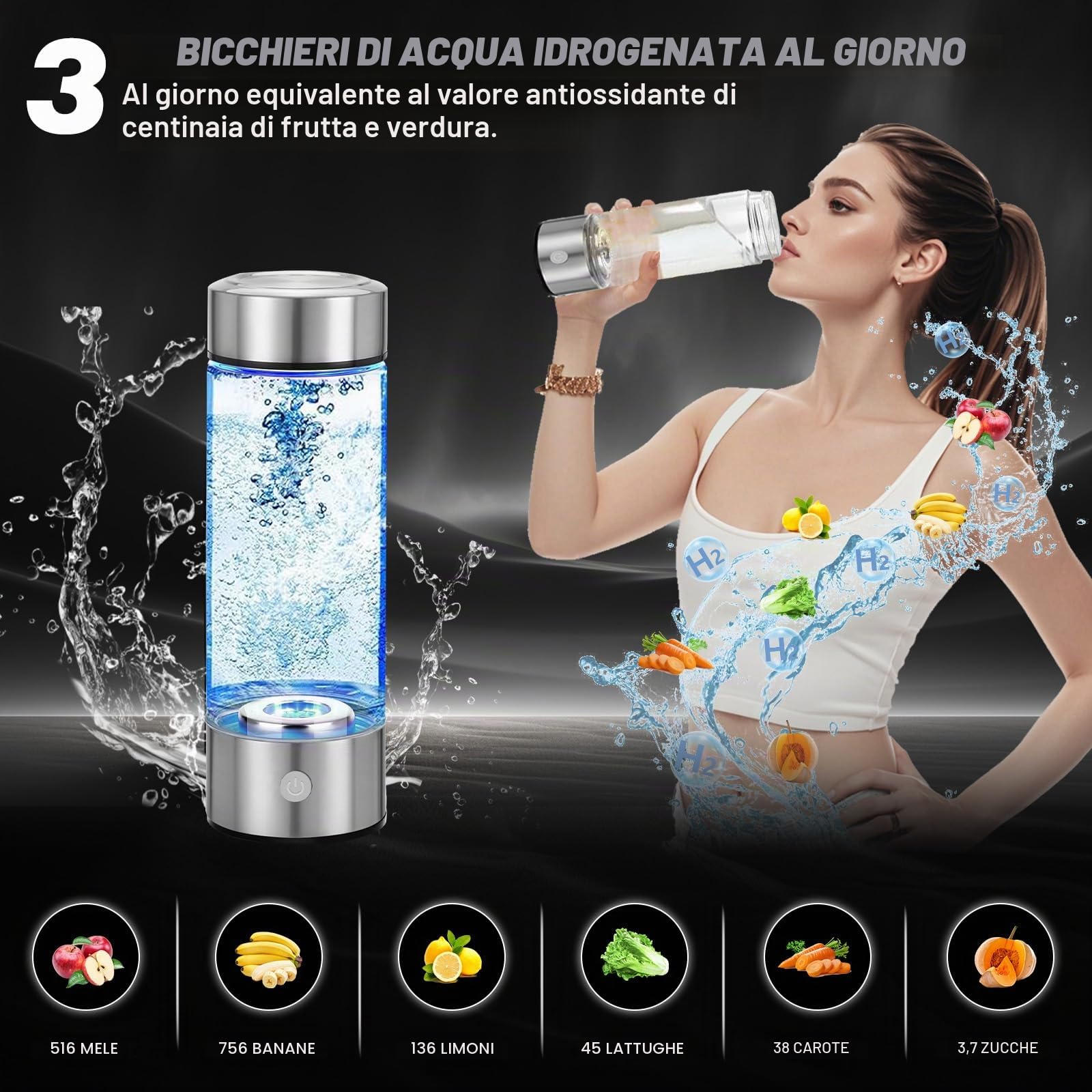 Bottiglia d'acqua idrogenata migliorata, generatore di idrogeno, macchina per acqua idrogenata ricaricabile con tecnologia SPE/PEM, portatile e ricaricabile, vetro, 450 ml (confezione da 2)