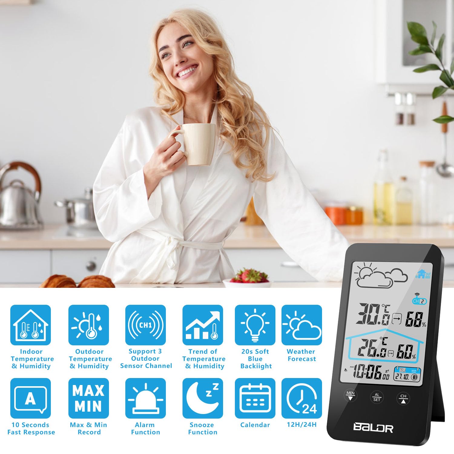 Bearware - Stazione Meteo E Sveglia Senza Fili Con Proiezione A Muro E Sensore Esterno - Orologio DCF - Presa USB - 2 Allarmi - Display A 8 Colori - Previsioni Meteo - Foto 13