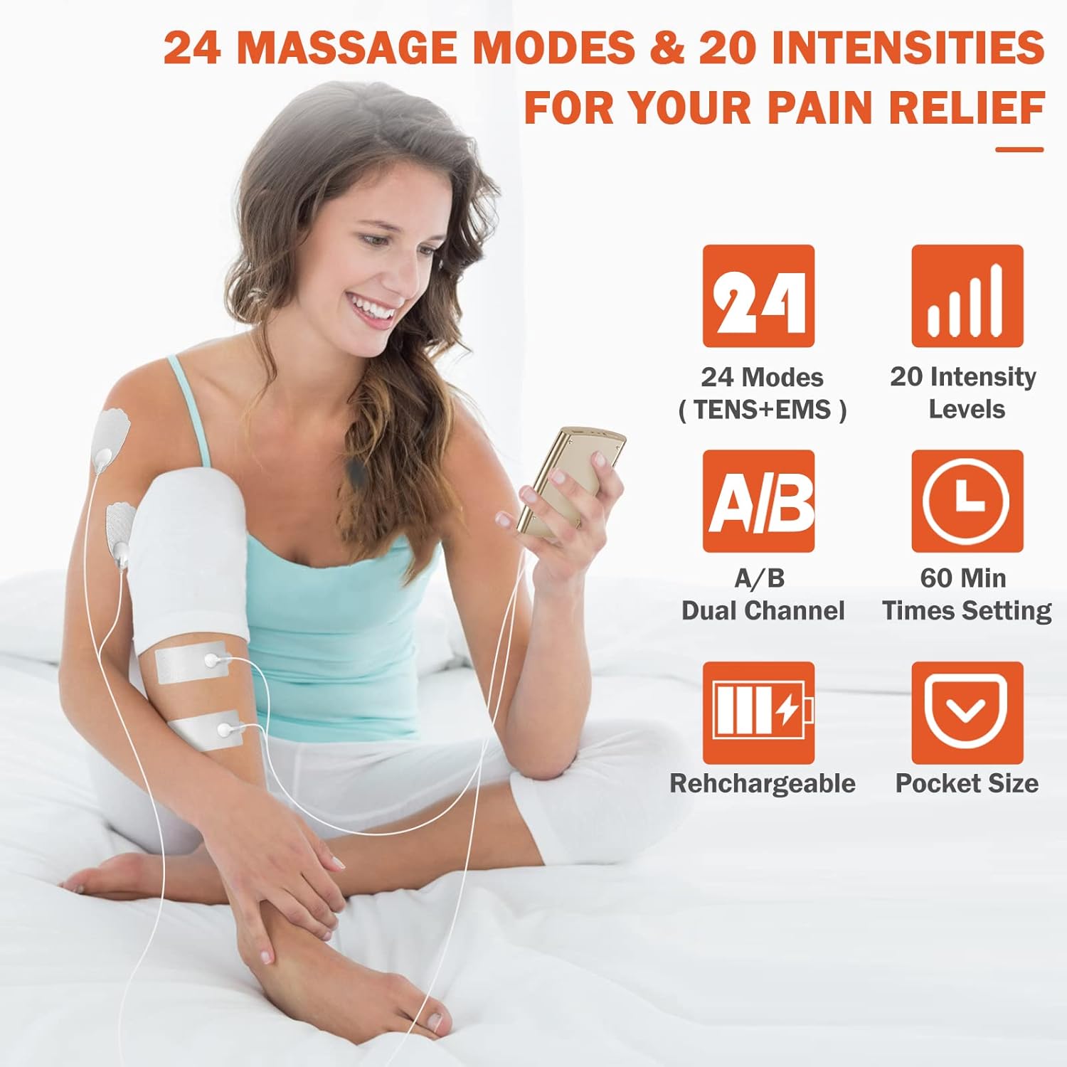 DOMAS TENS Unit displaying 24 massage modes and 20 intensity levels
