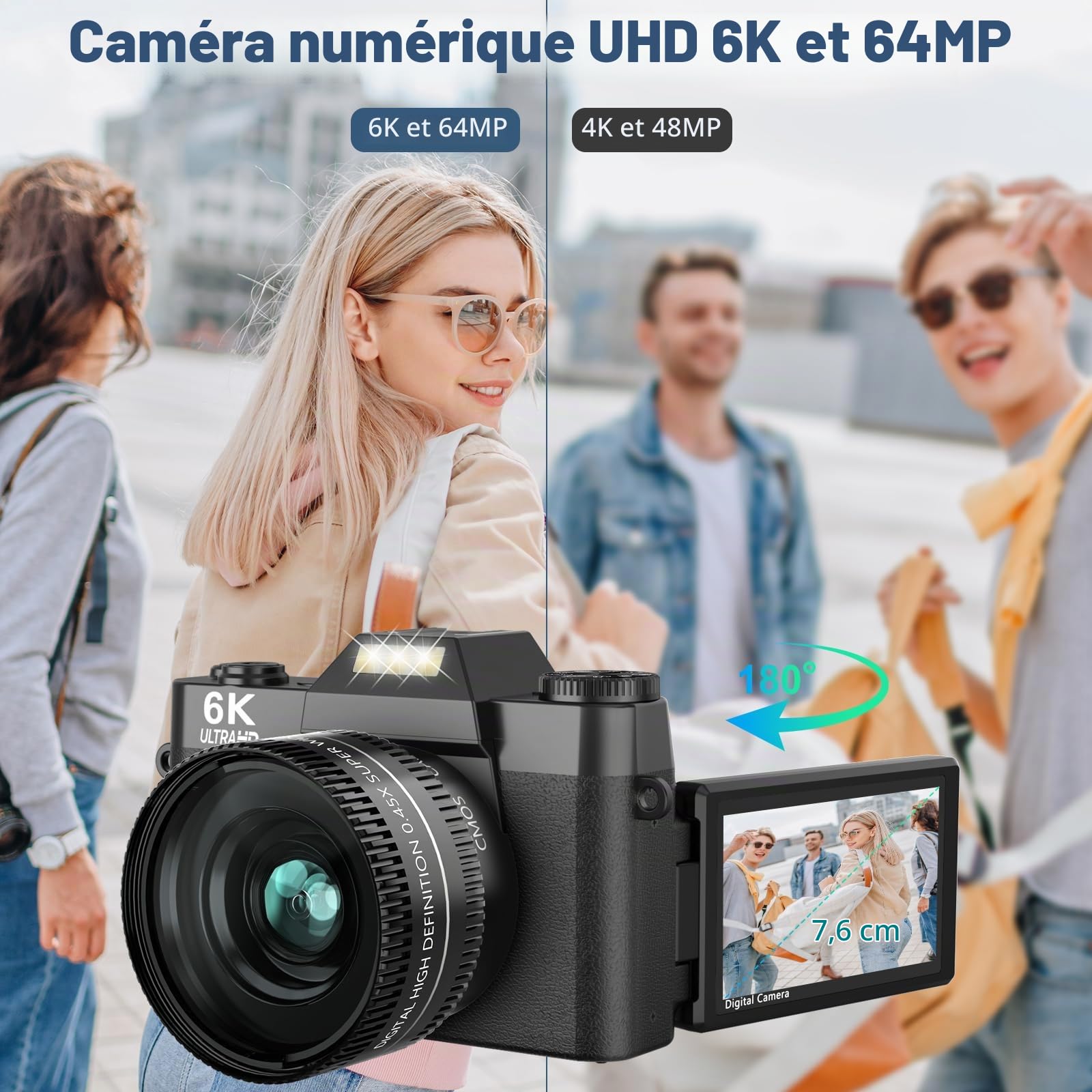 Appareil photo numérique 6K pour la photographie – Caméras de vlogging WiFi 64 MP pour YouTube avec écran rabattable de 3" à 180°, zoom numérique 16x, autofocus Vlog Travel Camara avec carte SD de 32