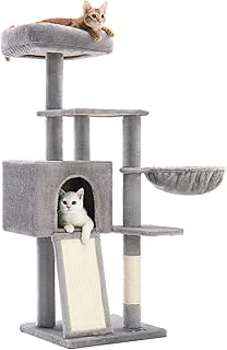 Feandrea Kratzbaum, 135 cm Kleiner Katzenbaum, mehrstöckiger Plüsch-Katzekratzbaum mit waschbarer, Abnehmbarer Sitzstange, Kratzstamm, Korb, Höhle, hellgrau product image
