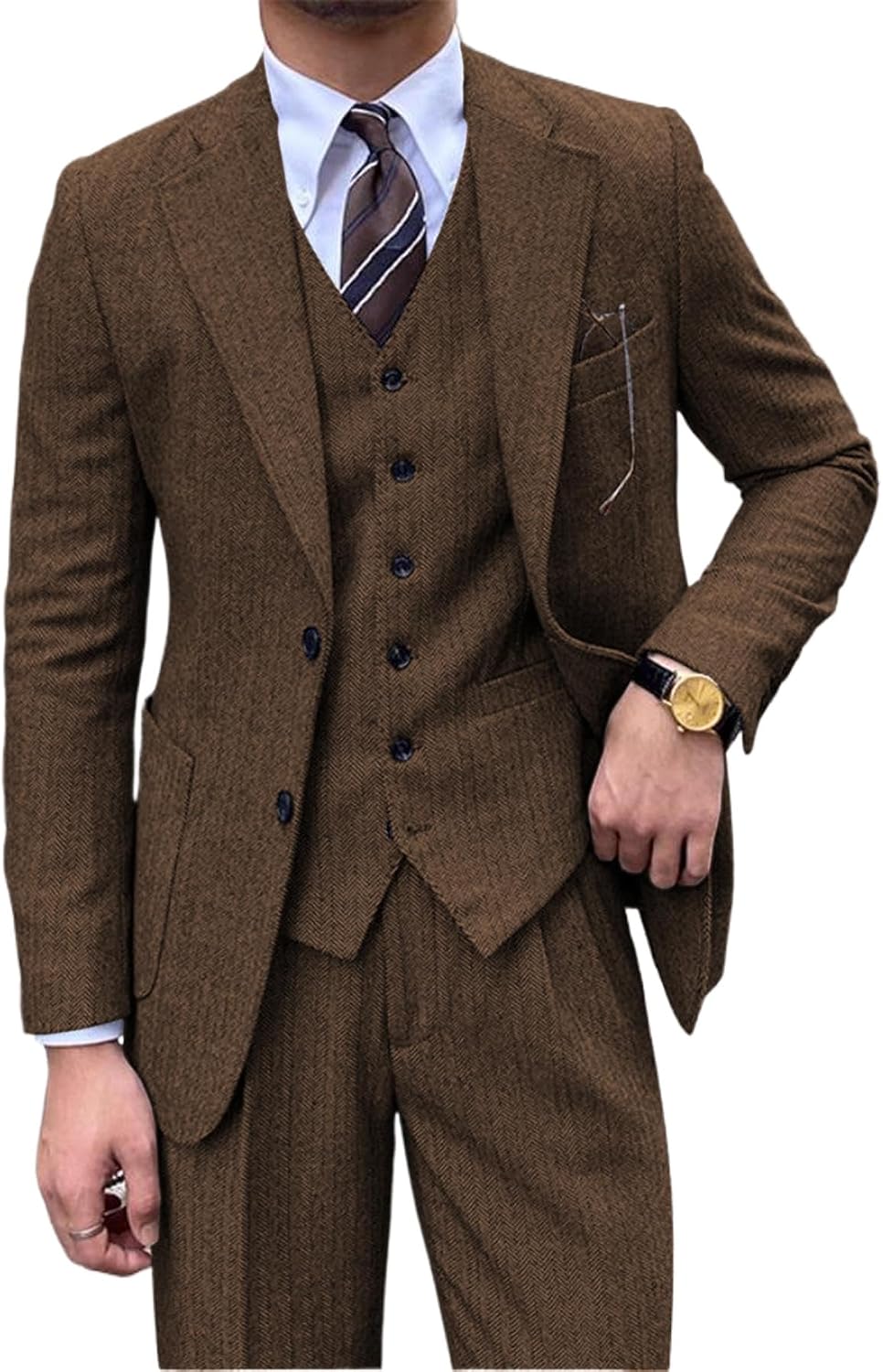 Retro Tweed 3 Piece Men's Suit,Vintage Herringbone Suit for Men's Wedding Prom Business Formal Casual Blazer Vest Pants Set
