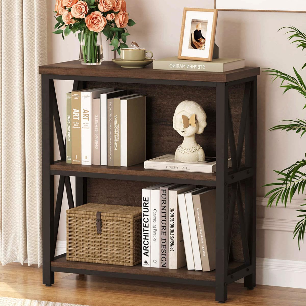 FATORRI Small Bookshelf, Rustic Book Shelf for Small Space, Low Short Bookcase, Industrial Wood and Metal Bookshelf and Bookcase for Living Room (Rustic Brown)