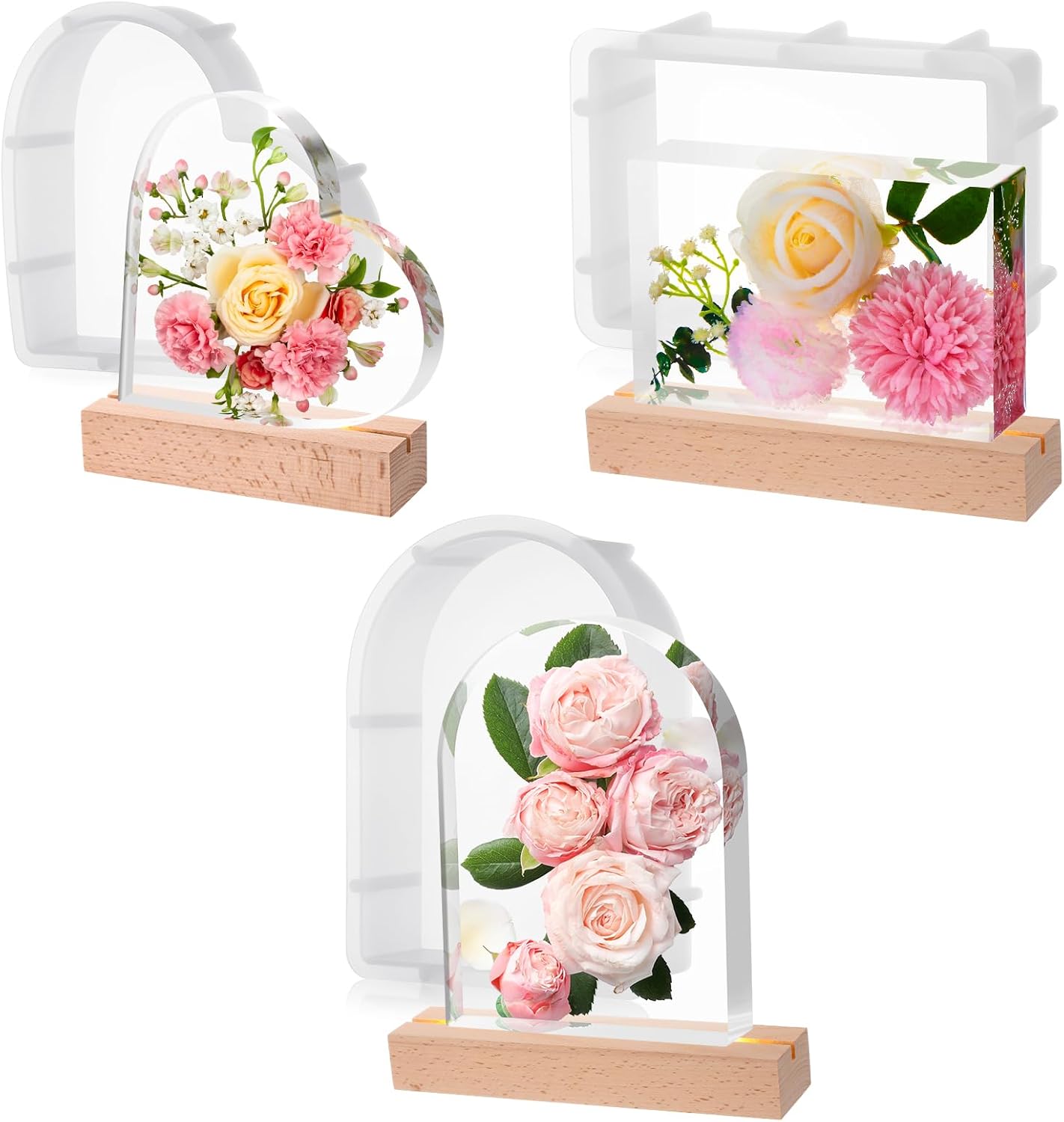 樹脂鋳造型6個セット シリコンハートスクエアアーチ鋳造型3個と木製長方形LEDライトベース樹脂鋳造型3個 DIYウェディングフラワー