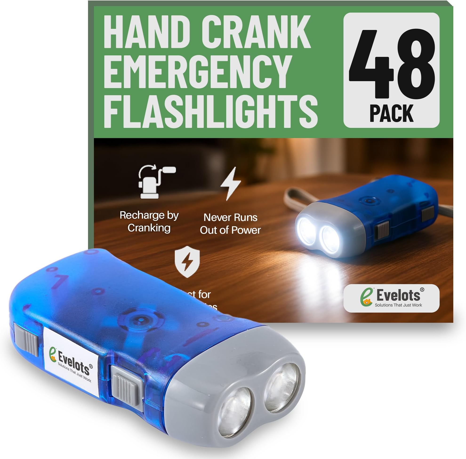 Evelots Hand Crank Emergency Flashlights -48 Pack- Camping, Home, Car - Double LED Bright Lights - Great for Hiking, Outdoor Sports, Power Outage Easy to Use