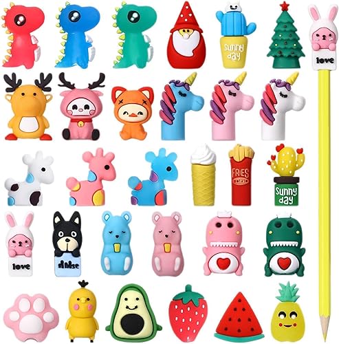 Marspark 30 Pieces Pencil Toppers Animal Pencil Toppers Bulk Dinosaur Christmas Tree Pen Top Charms Decorations Clips for Games Prizes Xmas Party