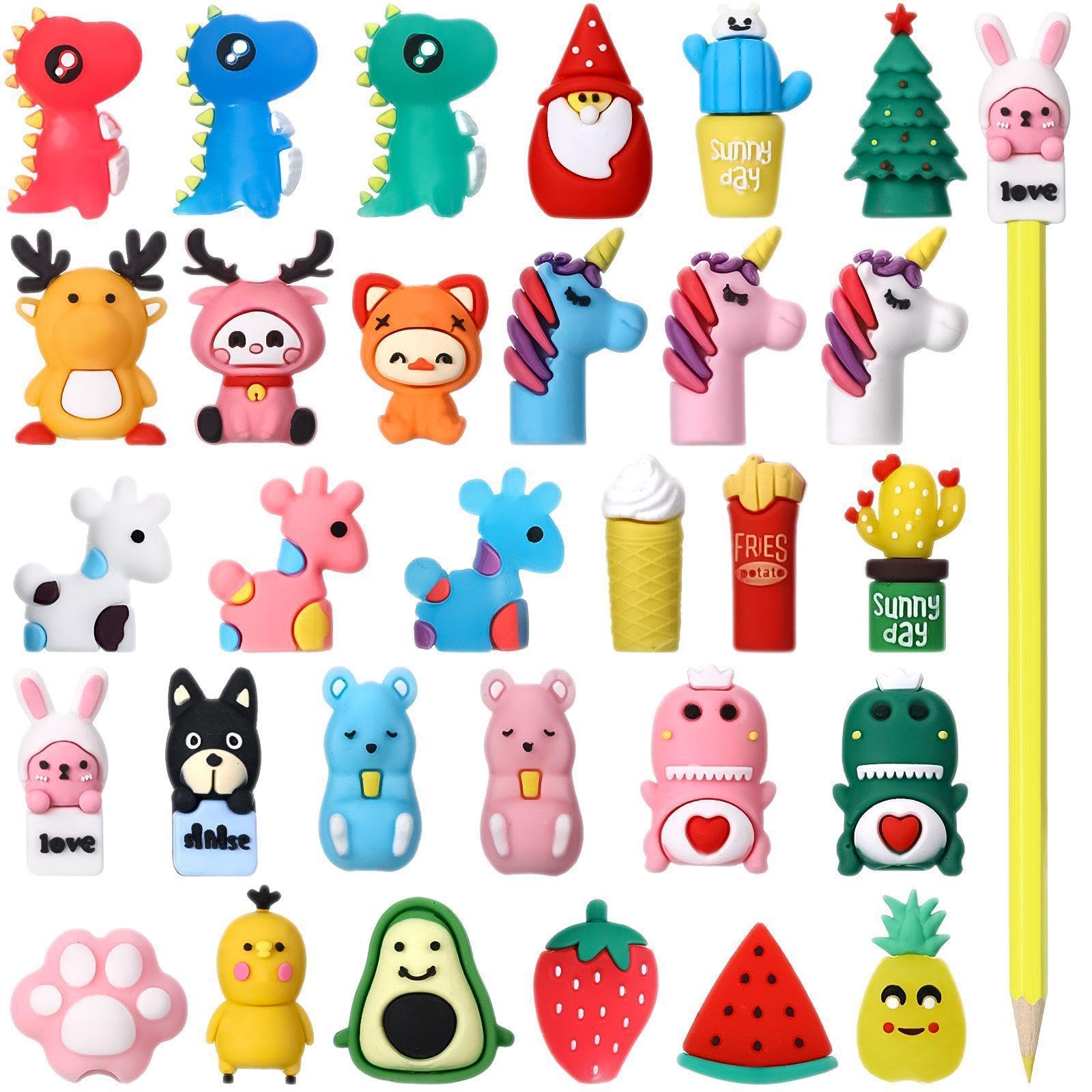 Marspark 30 Pieces Pencil Toppers Animal Pencil Toppers Bulk Dinosaur Christmas Tree Pen Top Charms Decorations Clips for Games Prizes Xmas Party Favors Office Rewards(Mixed Style)
