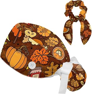 FVQL 2 Pieces Surgical Cap for Long Hair Scrub Cap with Hairband Nurse Cap, Autumn Pumpkin Thanksgiving Day