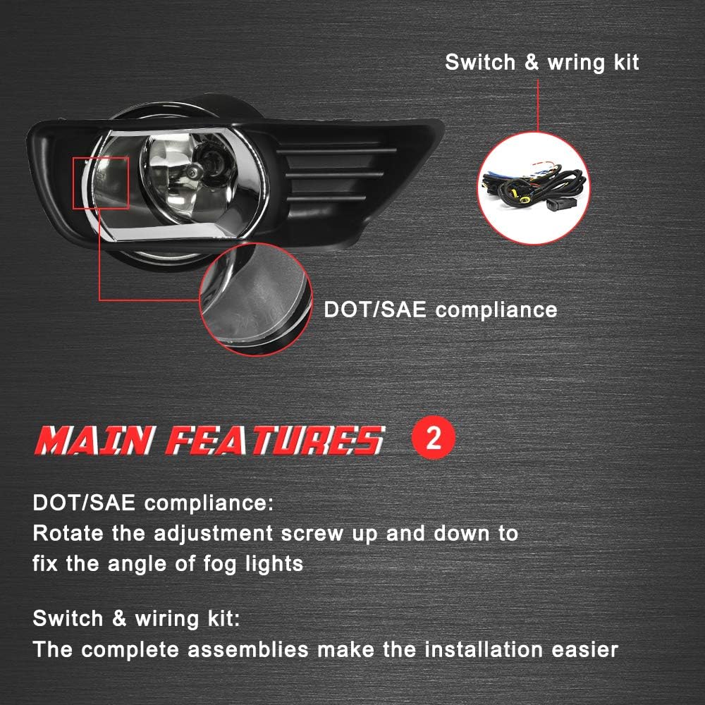 Driving Fog Lights Lamps Replacement for Toyota Camry 2007 2008 2009 with H11 12V 55W Halogen Bulbs & Universal Switch and Wiring Kit (Clear Lens)