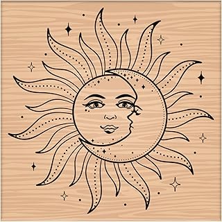CRASPIRE Wooden Rubber Stamp The Sun and The Moon Overlap Decorative Wood Stamps Vintage Wood Mounted Rubber Stamps for Card Making DIY Art Crafts Scrapbooking Journal Diary Letter Planner