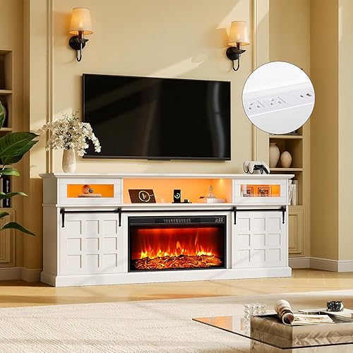 LGHM Soporte de TV con chimenea para televisores de 80 pulgadas con luces LED y tomas de corriente, consola multimedia rústica con puertas Blanco