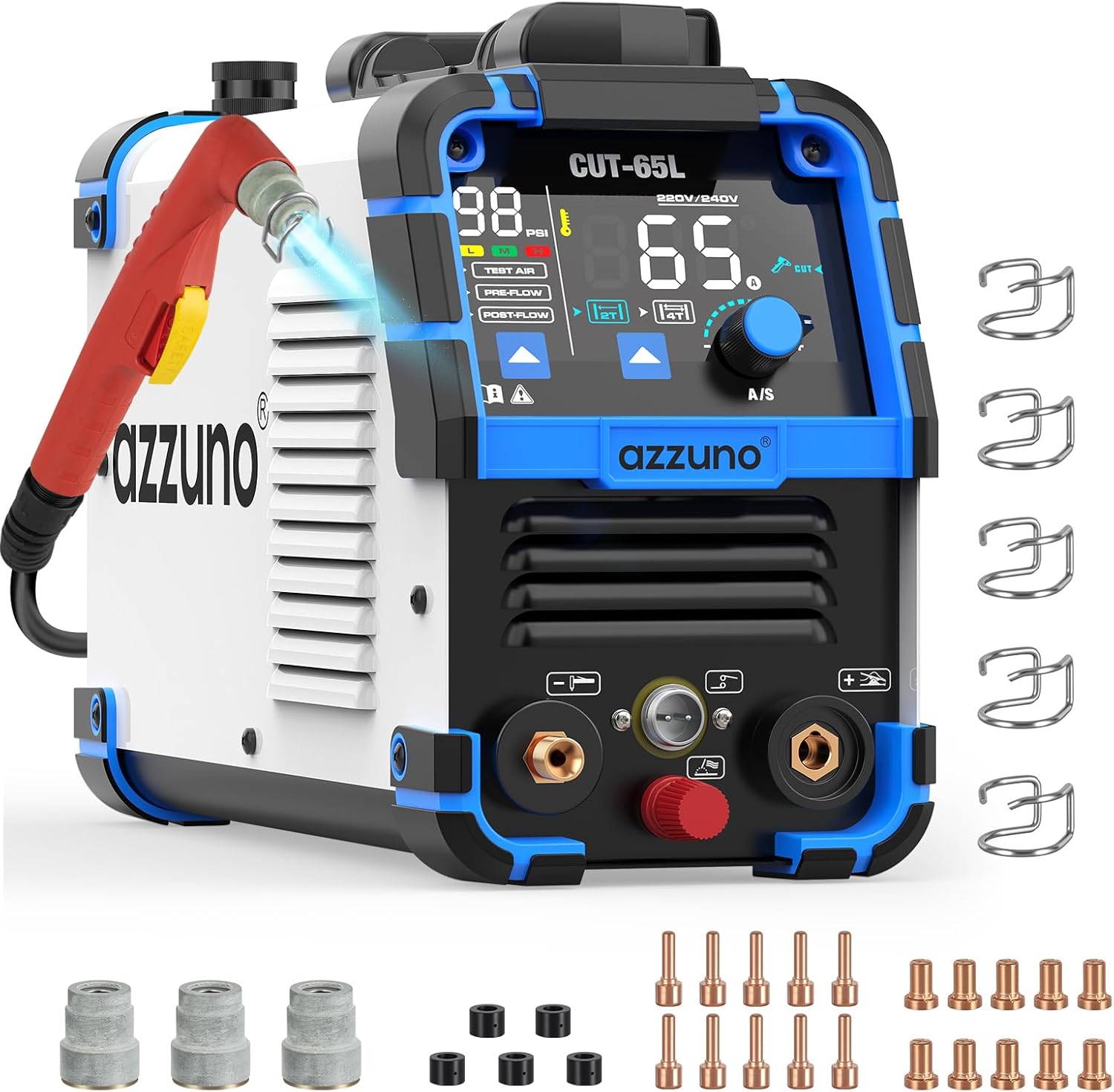 AZZUNO 65Amps Plasma Cutter & 33Pcs Torch Consumables Kit, Non-Touch Pilot Arc 110/220V Large LED Display Plasma Cutting Machine, IGBT Inverter Air Sensor Technology, Max Cut 1" Plate/Mesh Cutting