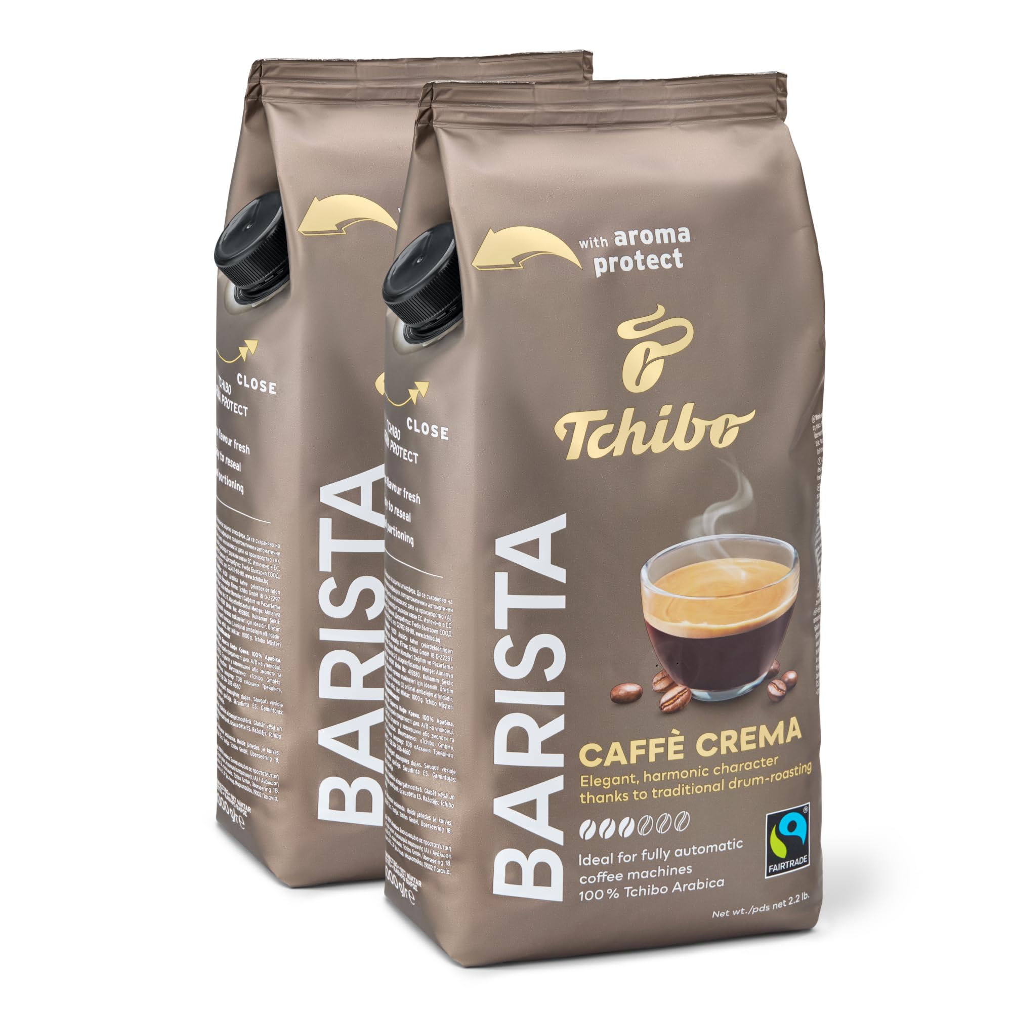 TchiboWhole Bean Coffee - Barista Caffè Crema - Medium Roast for a Delicate European Style Coffee - Intensity 3/6, Acidity 2/6, Roast Level 4/6-2 x 35.3 oz - Pack of 2Fairtrade InternationalFairtrade InternationalFairtrade InternationalFairtrade International