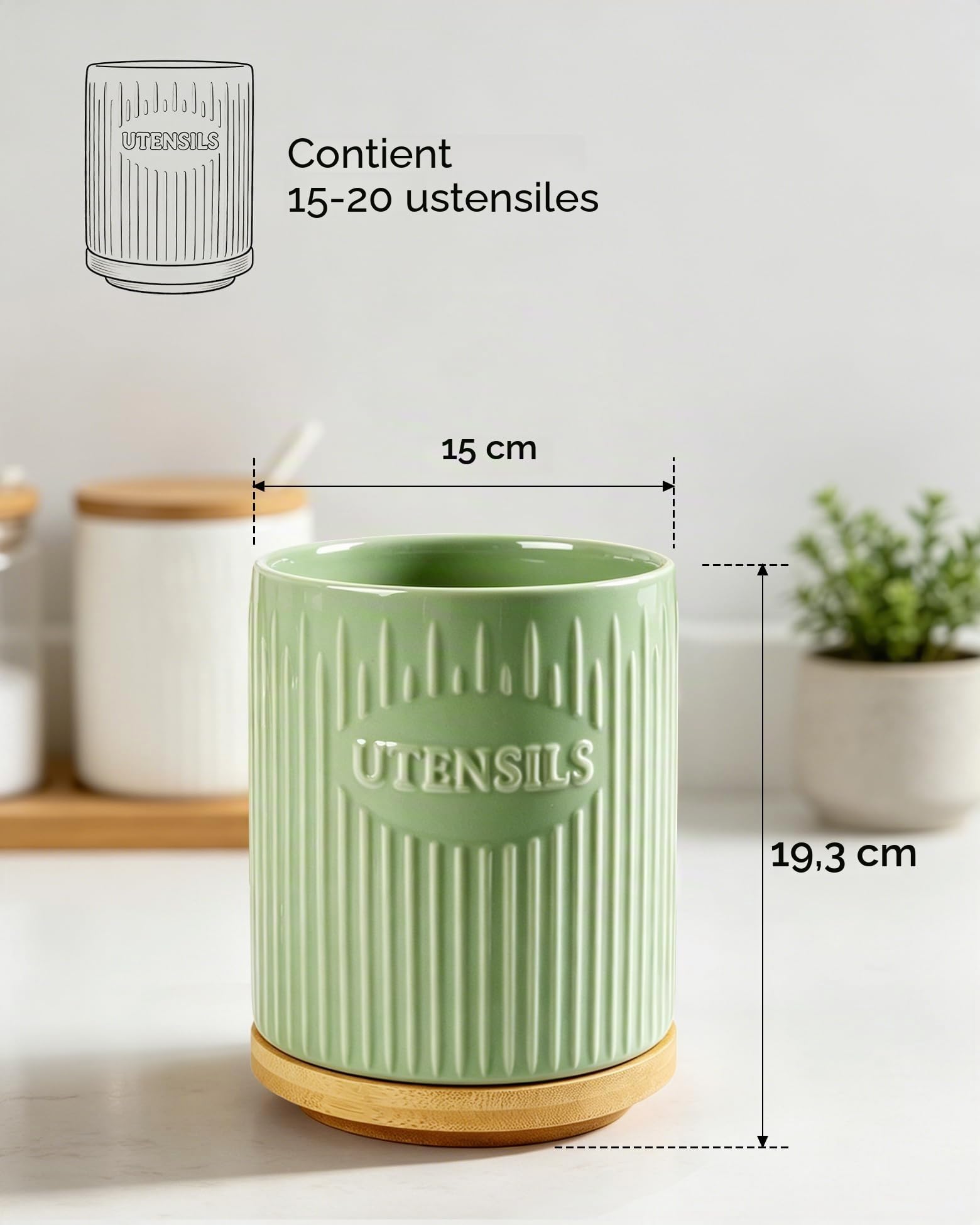 Porte-ustensiles rotatif à 360°, grand organiseur de cuisine en céramique de 19,5 cm avec base en bambou, stable, décoration de cuisine de style fermière, vert