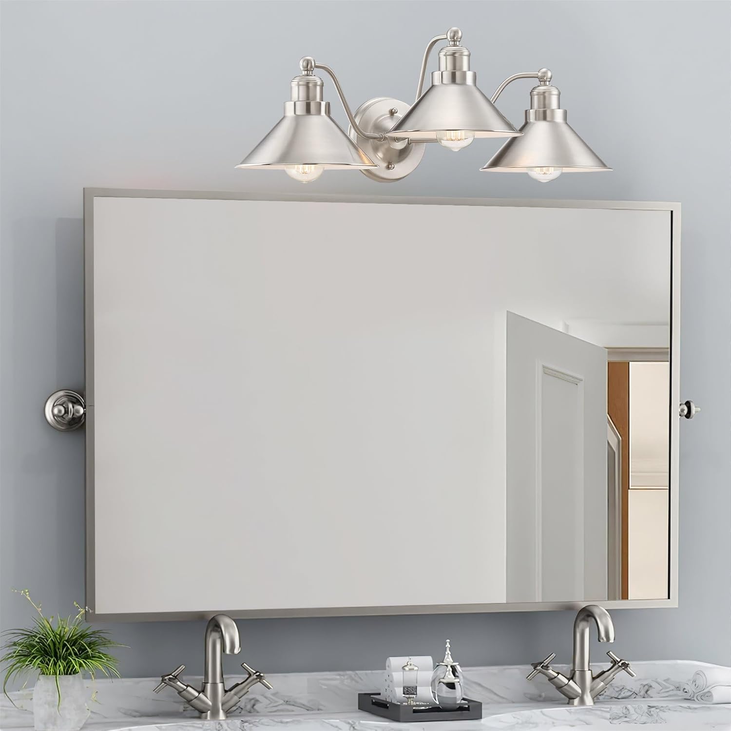 Kira Home Welton 25.5" 3-Light Modern Farmhouse Vanity Light with Funnel Shades, Industrial Silver Wall Sconce Bathroom Light, Brushed Nickel Finish