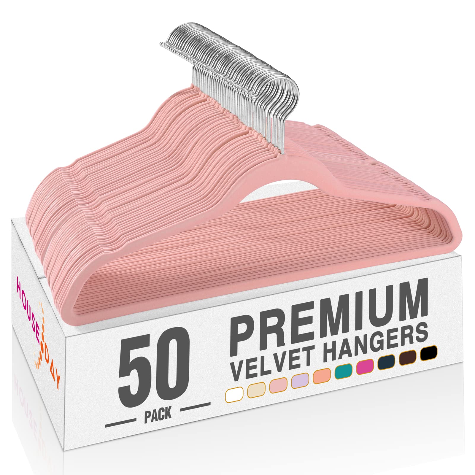 HOUSE DAY Premium Velvet Hangers 50 Pack, Non-Slip Flocked Felt Hangers, Sturdy Clothes Hangers Heavy Duty Coat Hangers & Suit Hangers, Durable Slim Pink Hangers for Closet Space Saving