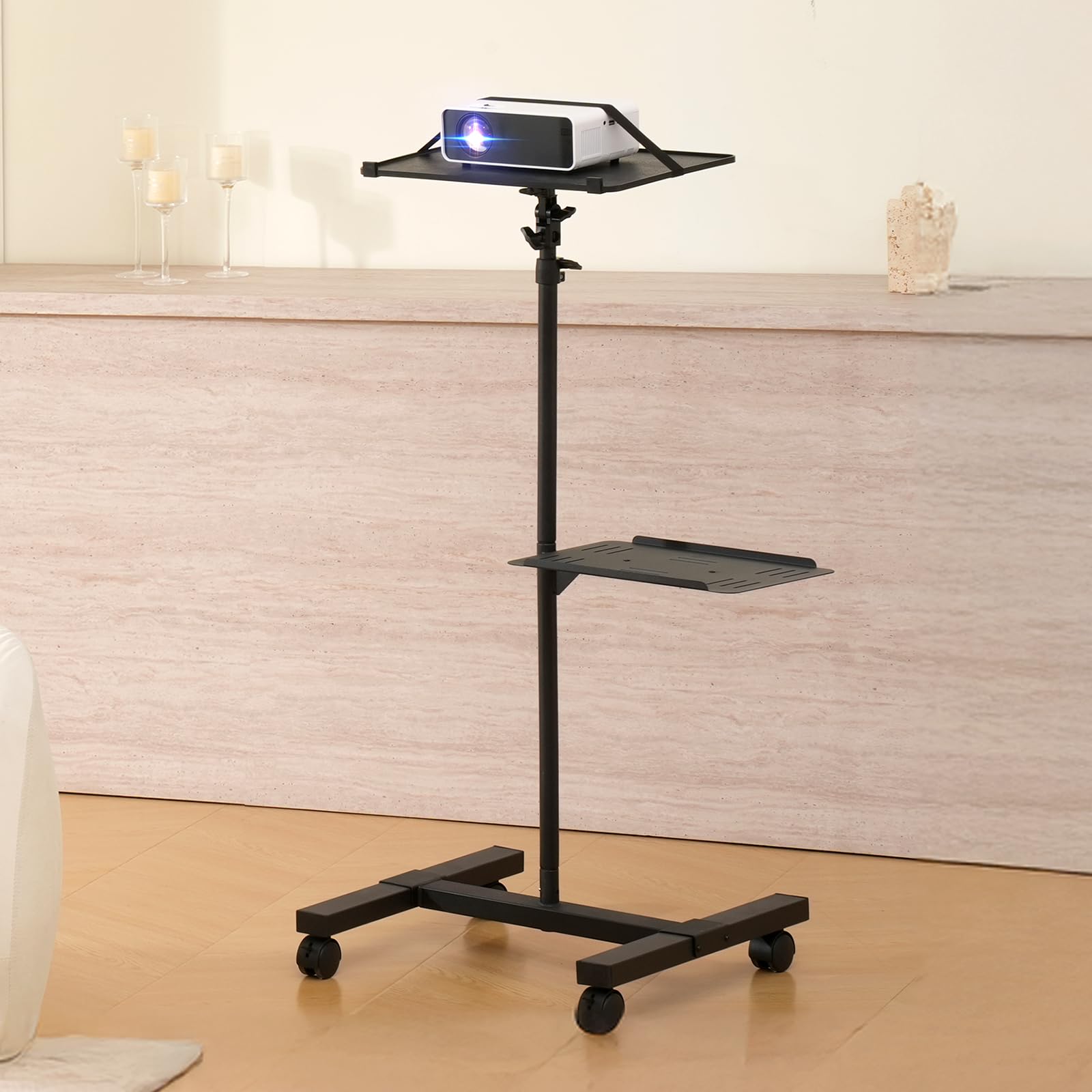 VEVOR Soporte para Proyector con Ruedas Soporte de Suelo para Proyector con Altura Ajustable de 580-1455 mm Soporte para Proyector con 2 Bandejas para Películas al Aire Libre, Hogar, Oficina, Negro