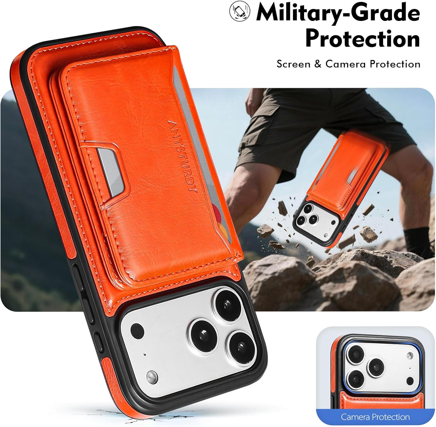 Antsturdy Compatible with MagSafe 2 in 1 Detachable Magnetic iPhone 17 Pro Max Case Wallet Holder,PU Leather RFID Blocking Credit Card Slots Flip Protective Cover Kickstand for Men Women,Orange