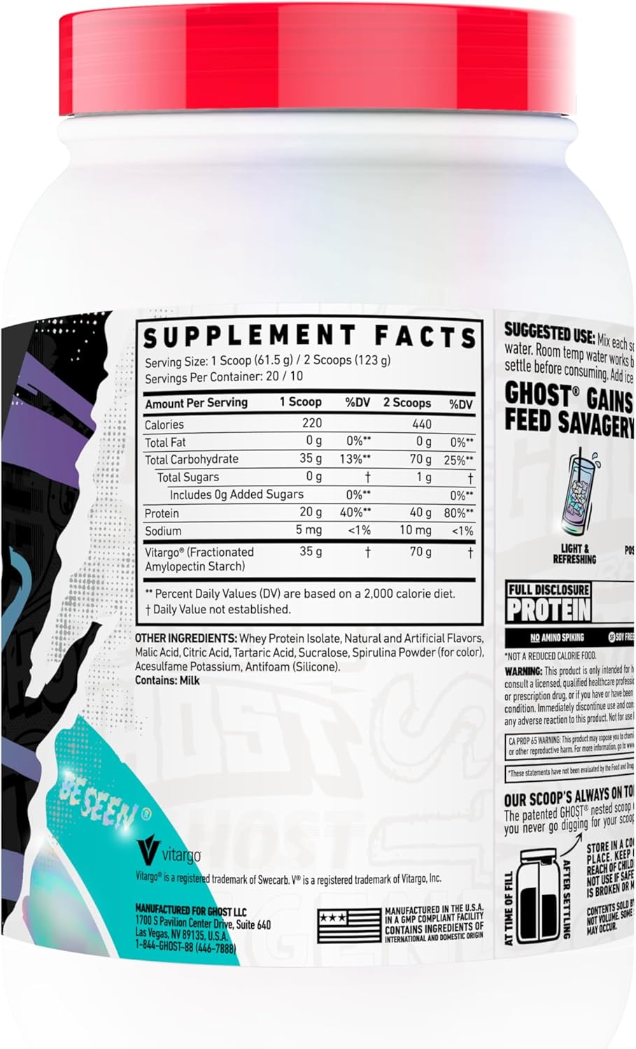 GHOST Clear Gains Mass Gainer Protein Powder - Post-Workout Weight Gainer Mix - 40g of Whey Protein Isolate, 440 Calories & 70g Vitargo Carbs - Lean Muscle Building & Recovery - Blue Raspberry