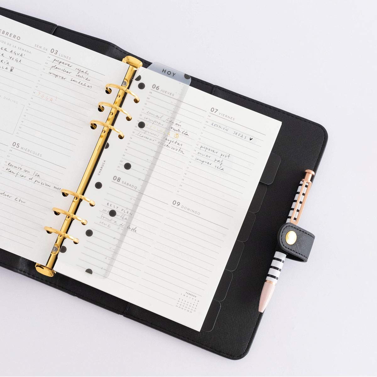 CHARUCA | Agenda ad anelli senza data con confezione di ricambio per agenda senza data+note + blocco note - carta A5 120 g, dimensioni 22 x 16 cm (BLACK)